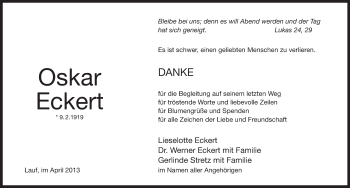 Traueranzeige von Oskar Eckert von Pegnitz-Zeitung